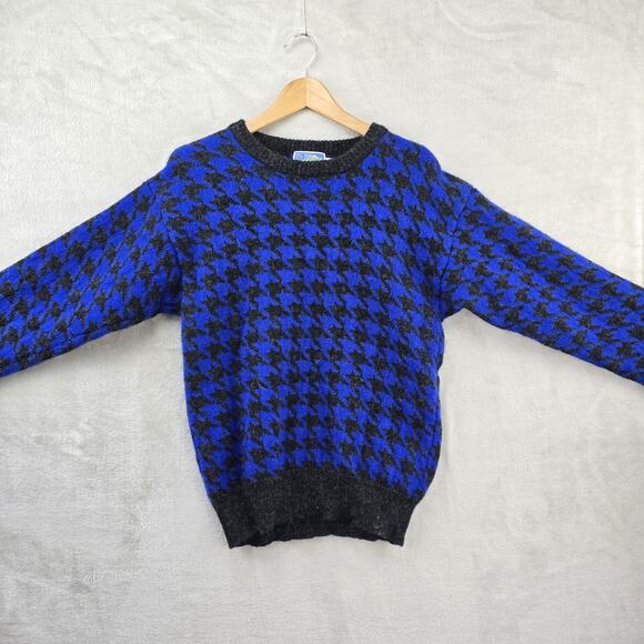 Vintage Neiman Marcus Houndstooth Wool Sweater Medium Blue Shetland Sweatshirt - Picture 2 of 7